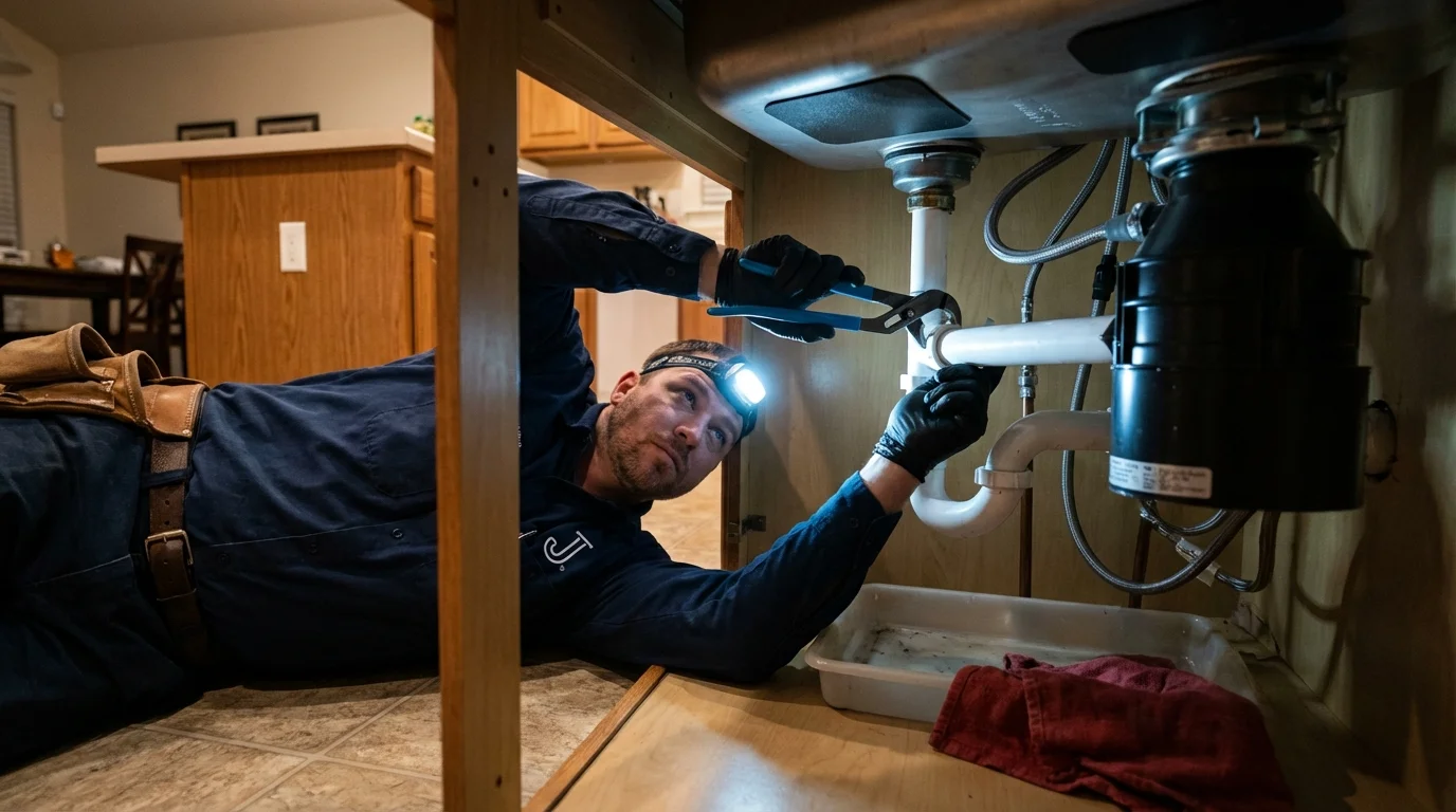 P-trap and supply line connections under a kitchen sink showing a common leak point in Tavernier, FL